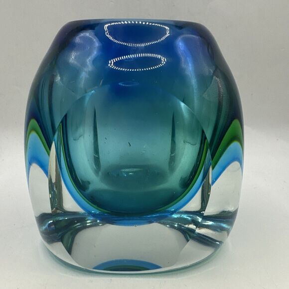 Murano Other - Murano Glass Flavio Poli Sommerso green & blue faceted cube vase candle holder